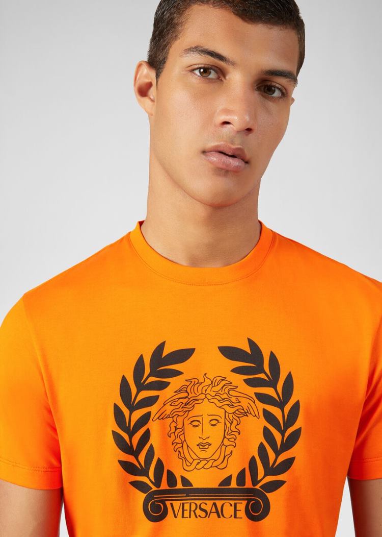 Versace Medusa Print T Shirt μπλουζακια ανδρικα πορτοκαλι | C3U9IS7
