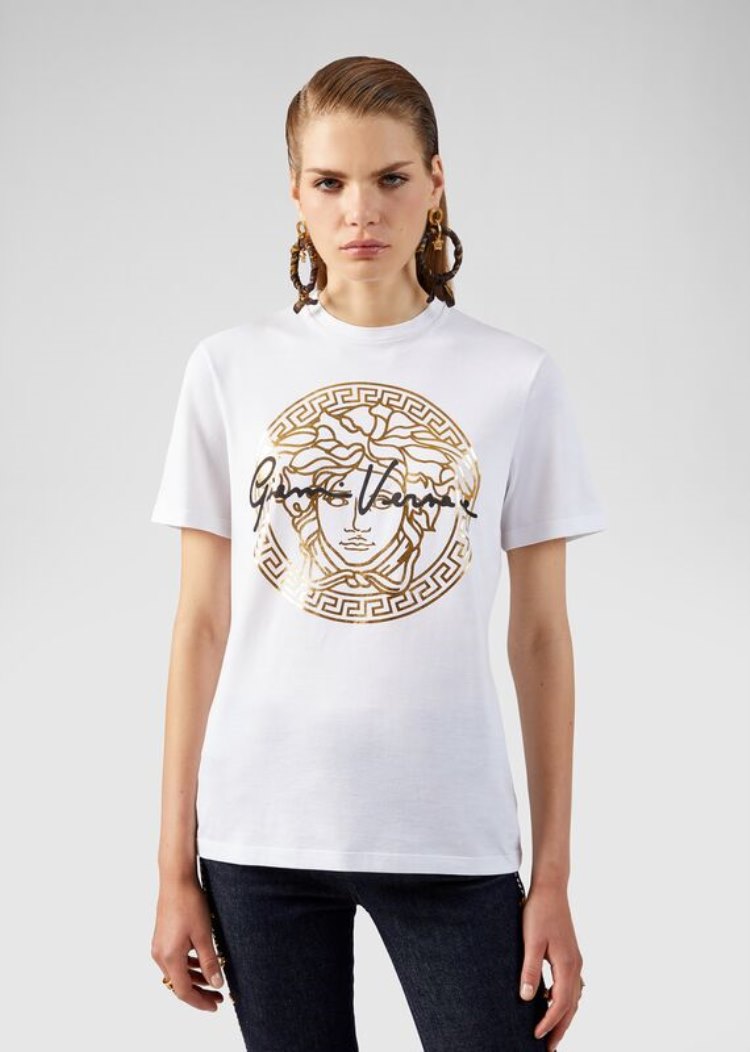 Versace Medusa Signature Motif Slim Fit T Shirt μπλουζακια γυναικεια ασπρα χρυσο χρωμα | HCS73YU