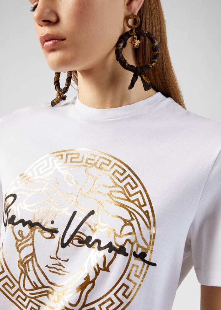 Versace Medusa Signature Motif Slim Fit T Shirt μπλουζακια γυναικεια ασπρα χρυσο χρωμα | HCS73YU