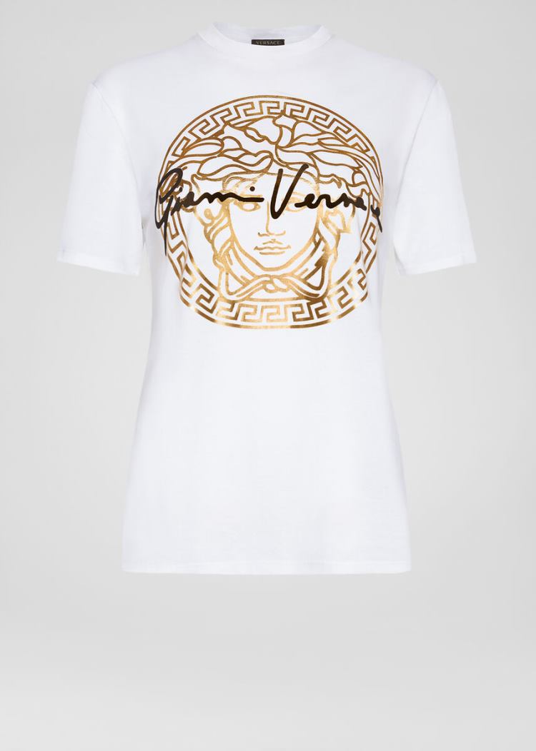 Versace Medusa Signature Motif Slim Fit T Shirt μπλουζακια γυναικεια ασπρα χρυσο χρωμα | HCS73YU