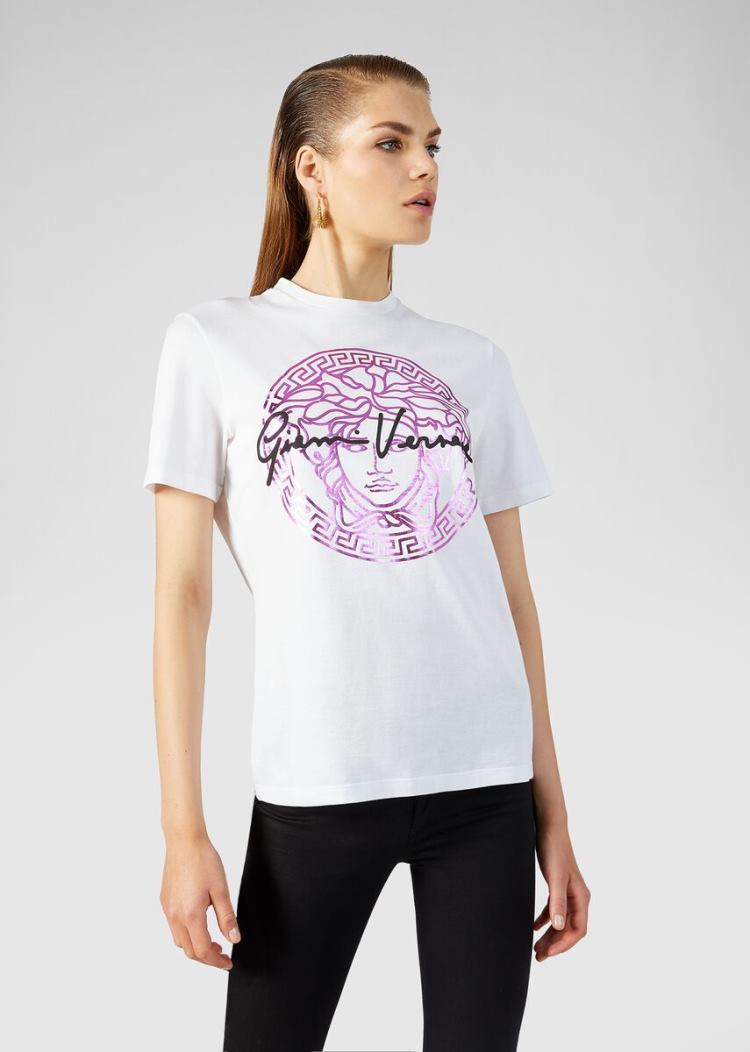 Versace Medusa Signature Motif T Shirt μπλουζακια γυναικεια ασπρα μωβ | 9D9T7GH