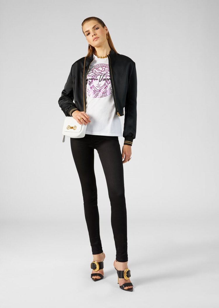 Versace Medusa Signature Motif T Shirt μπλουζακια γυναικεια ασπρα μωβ | 9D9T7GH