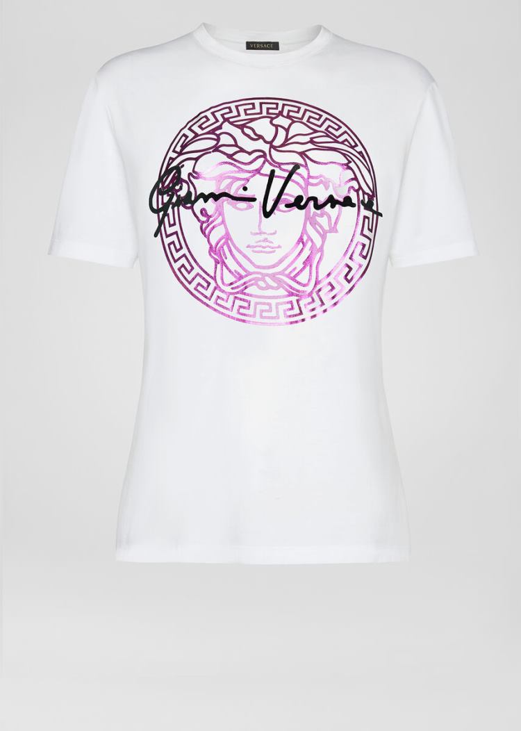 Versace Medusa Signature Motif T Shirt μπλουζακια γυναικεια ασπρα μωβ | 9D9T7GH