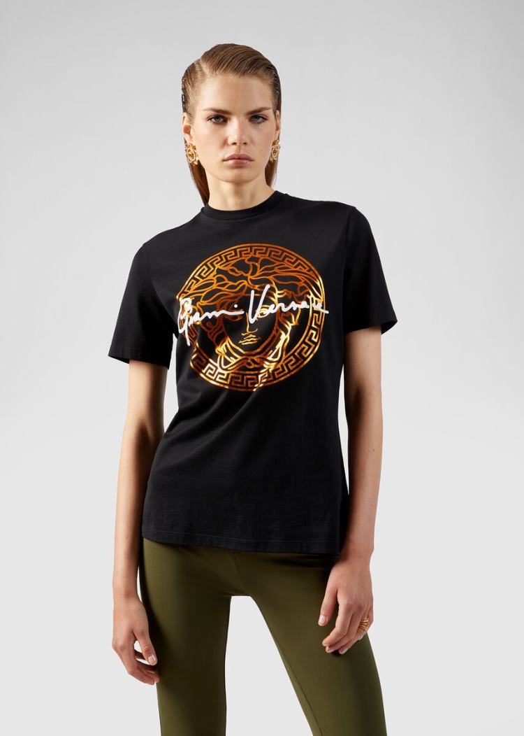 Versace Medusa Signature Motif T Shirt μπλουζακια γυναικεια μαυρα χρυσο χρωμα | ZENB4PQ