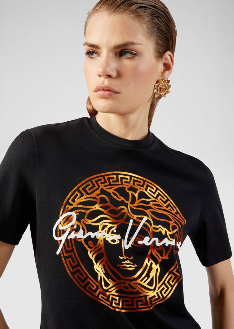 Versace Medusa Signature Motif T Shirt μπλουζακια γυναικεια μαυρα χρυσο χρωμα | ZENB4PQ