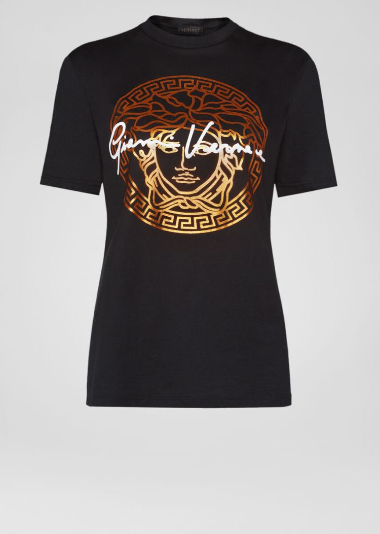 Versace Medusa Signature Motif T Shirt μπλουζακια γυναικεια μαυρα χρυσο χρωμα | ZENB4PQ