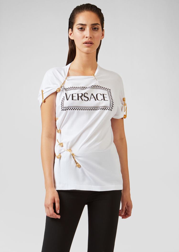 Versace Medusa Ασφαλείας Pin 90s Vintage Logo T Shirt μπλουζακια γυναικεια ασπρα | 4LZCSEZ