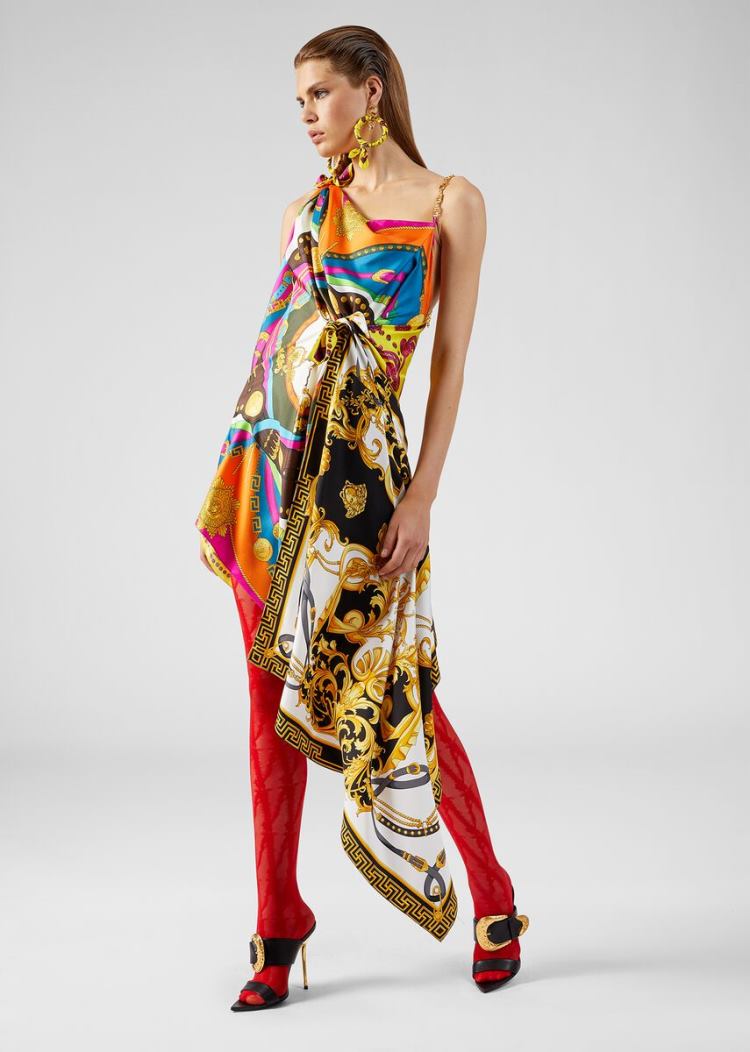 Versace Mixed Print Draped Asymmetric φορεμα φορεμα γυναικεια Πολύχρωμο | EVACWXD