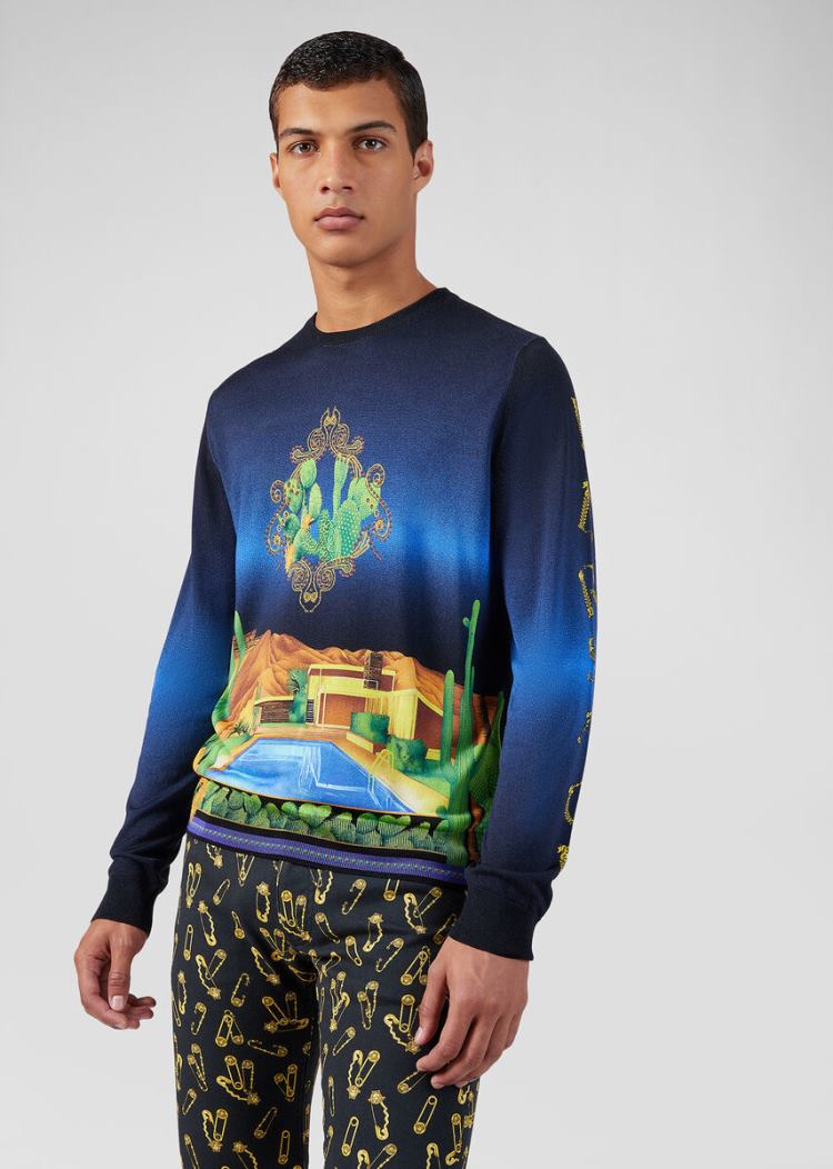 Versace Palm Springs Print Silk πουλοβερ Πουλόβερ ανδρικα Πολύχρωμο | 6X10DP6