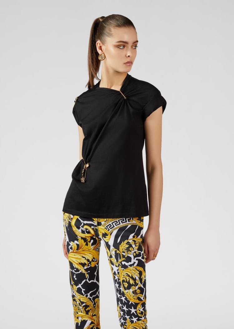 Versace Pin Clip Loose Fit T Shirt μπλουζακια γυναικεια μαυρα | JSALU5P