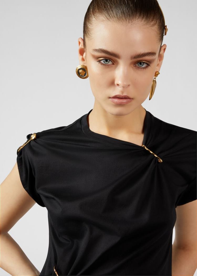 Versace Pin Clip Loose Fit T Shirt μπλουζακια γυναικεια μαυρα | JSALU5P