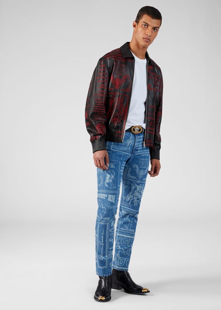 Versace Rodeo Embroidered δερματινα Jacket μπουφαν ανδρικα μαυρα κοκκινα | TKAIR0U