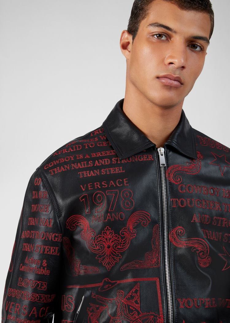 Versace Rodeo Embroidered δερματινα Jacket μπουφαν ανδρικα μαυρα κοκκινα | TKAIR0U