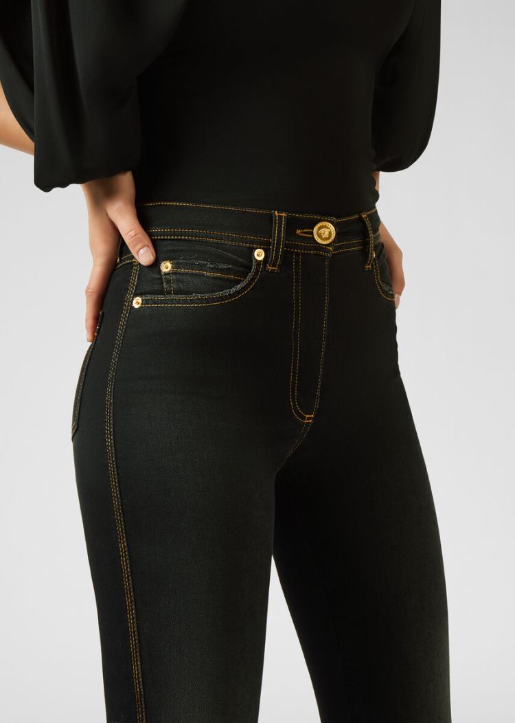 Versace Stonewashed V-Stitch Skinny Jeans τζιν παντελονι γυναικεια μαυρα | GODCKSQ