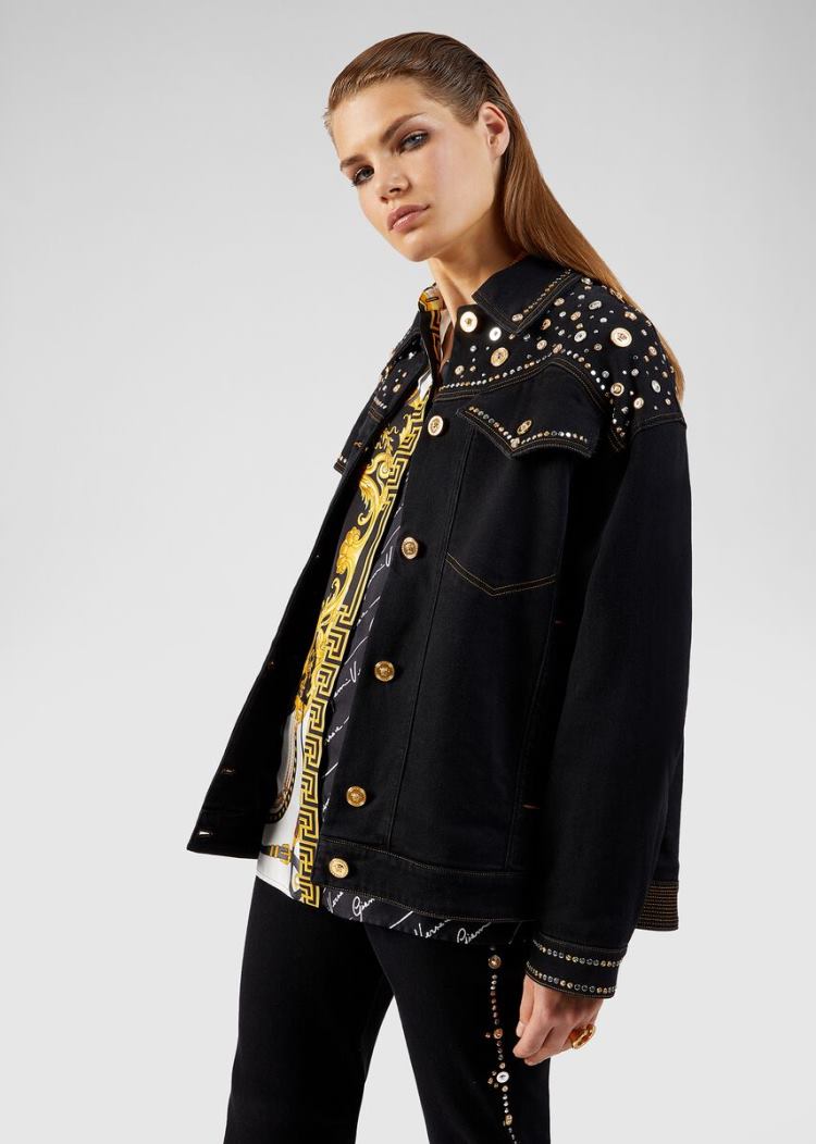 Versace Studded Denim Jacket μπουφαν γυναικεια μαυρα | 0SSL6JO