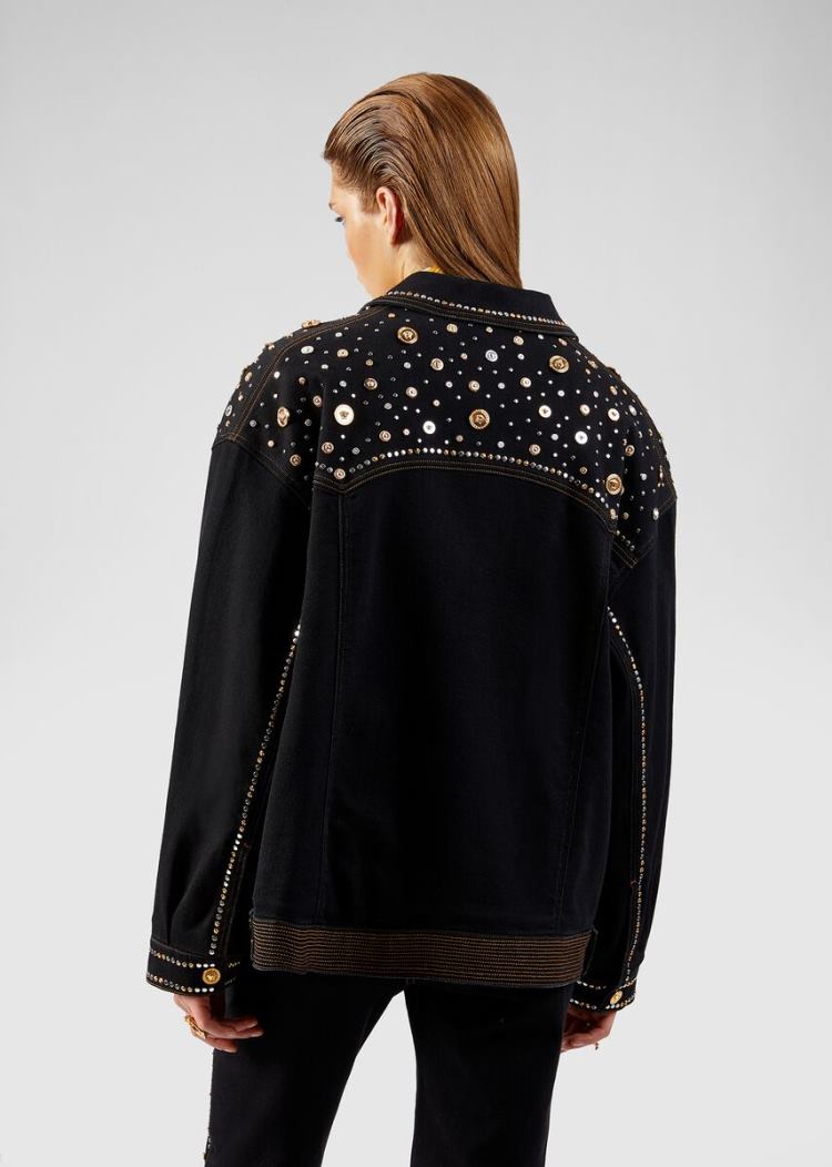 Versace Studded Denim Jacket μπουφαν γυναικεια μαυρα | 0SSL6JO