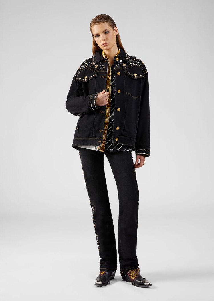Versace Studded Denim Jacket μπουφαν γυναικεια μαυρα | 0SSL6JO