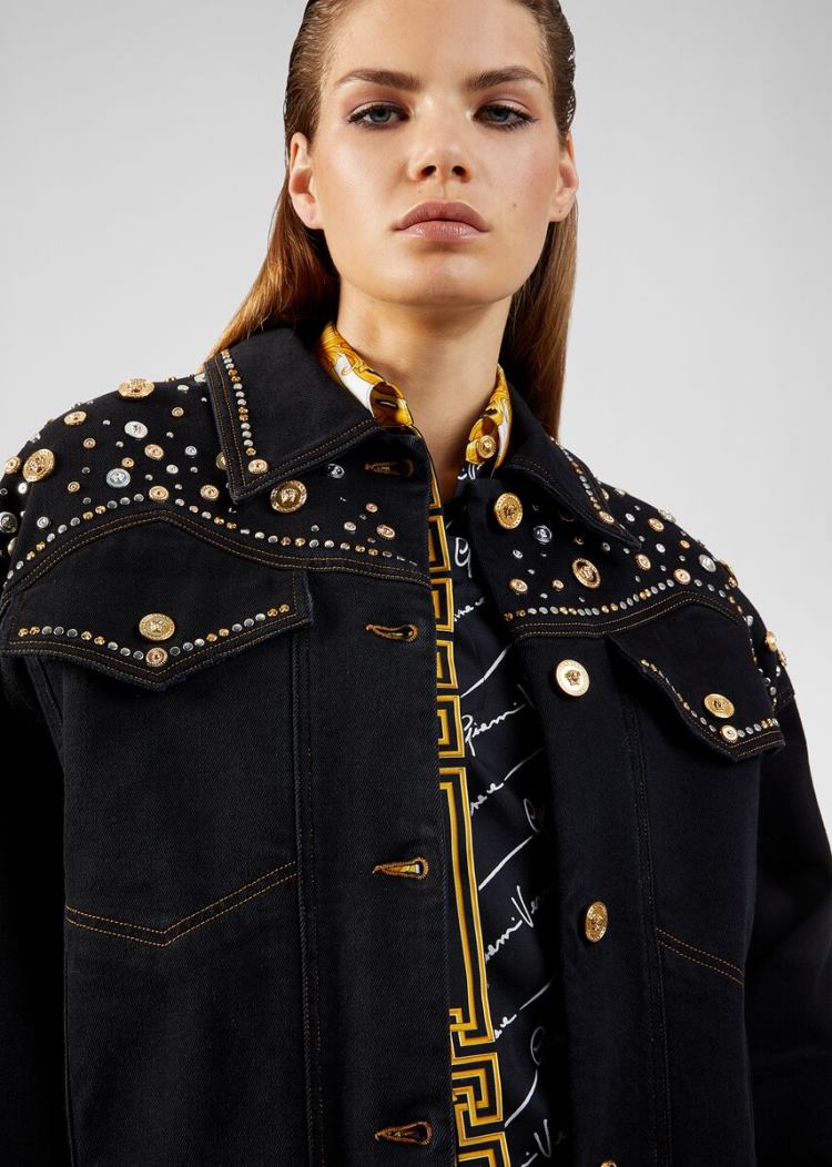 Versace Studded Denim Jacket μπουφαν γυναικεια μαυρα | 0SSL6JO