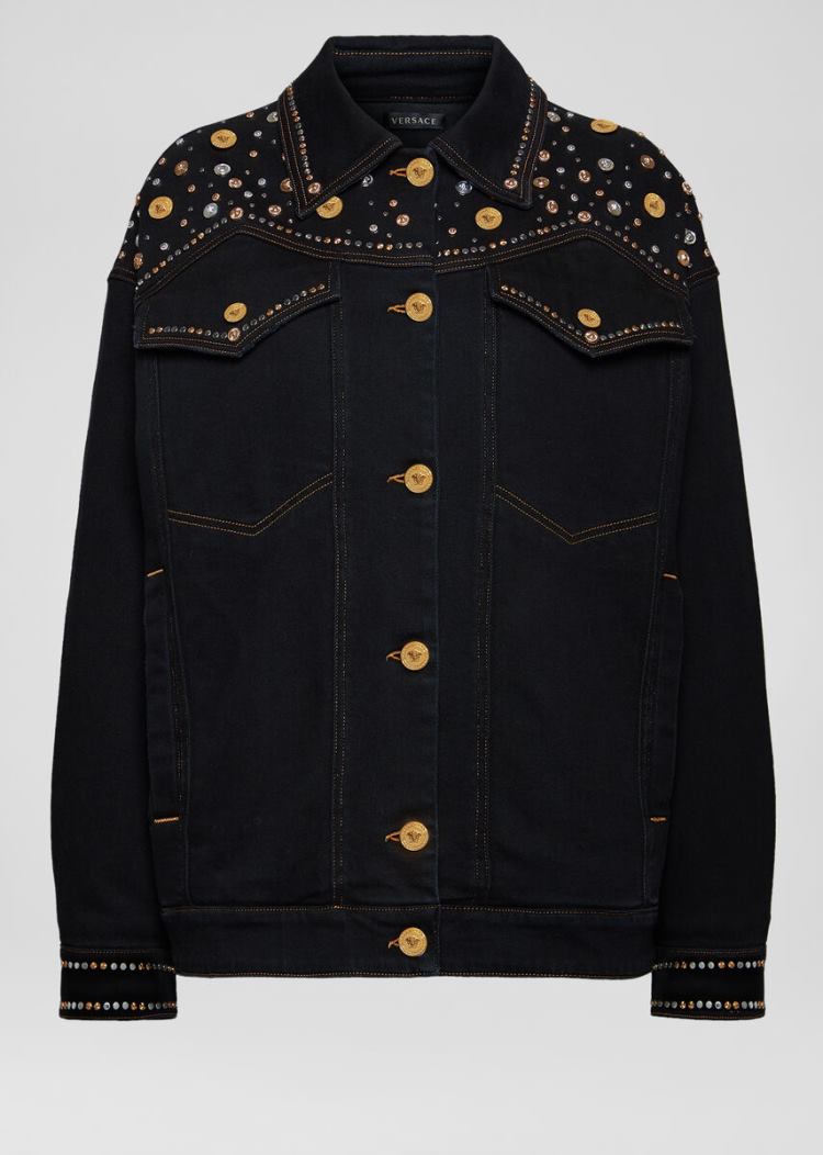 Versace Studded Denim Jacket μπουφαν γυναικεια μαυρα | 0SSL6JO