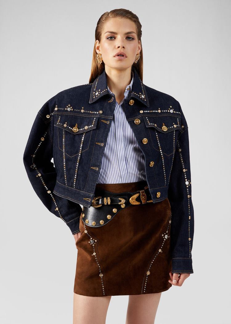 Versace Studded Denim Jacket μπουφαν γυναικεια μπλε | KS3SBUT