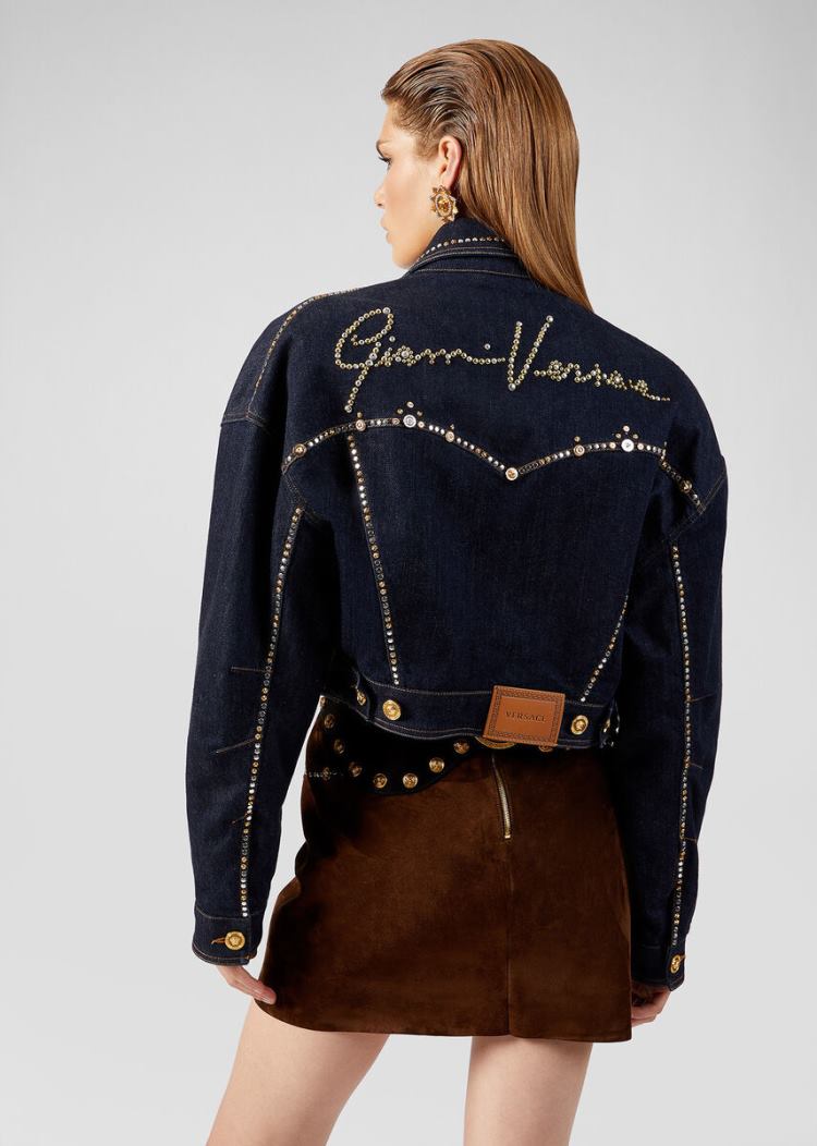 Versace Studded Denim Jacket μπουφαν γυναικεια μπλε | KS3SBUT