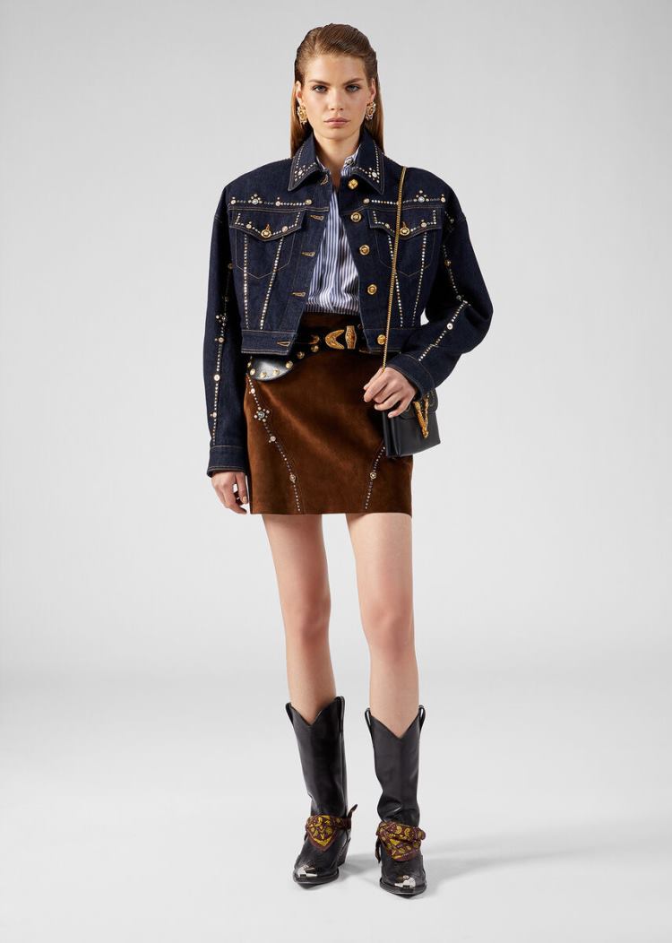 Versace Studded Denim Jacket μπουφαν γυναικεια μπλε | KS3SBUT