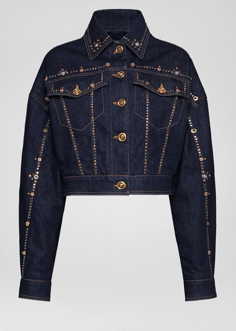 Versace Studded Denim Jacket μπουφαν γυναικεια μπλε | KS3SBUT