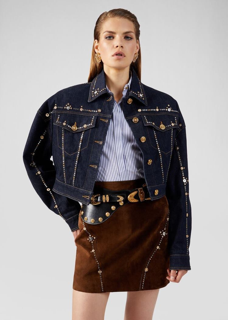 Versace Studded Denim Jacket μπουφαν γυναικεια μπλε | KV5NT77