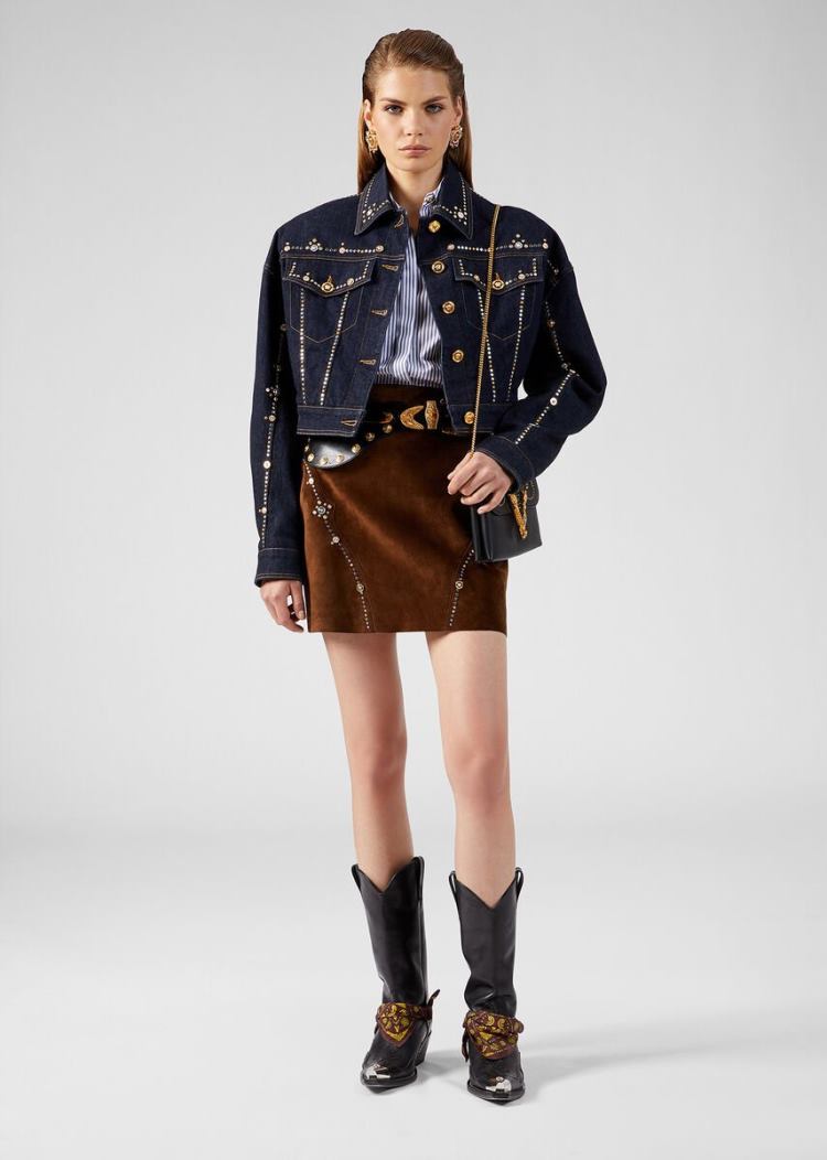 Versace Studded Denim Jacket μπουφαν γυναικεια μπλε | KV5NT77