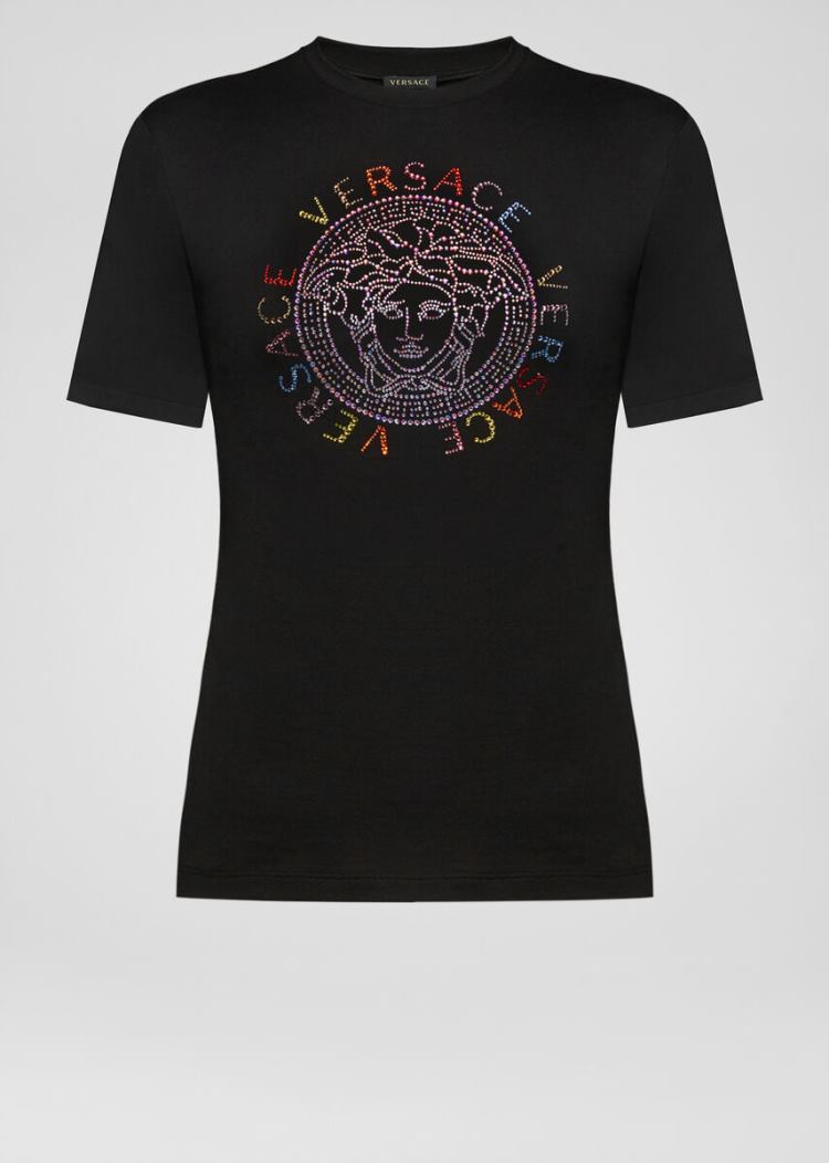 Versace Studded Medusa Logo T Shirt μπλουζακια γυναικεια μαυρα | AUMMG87