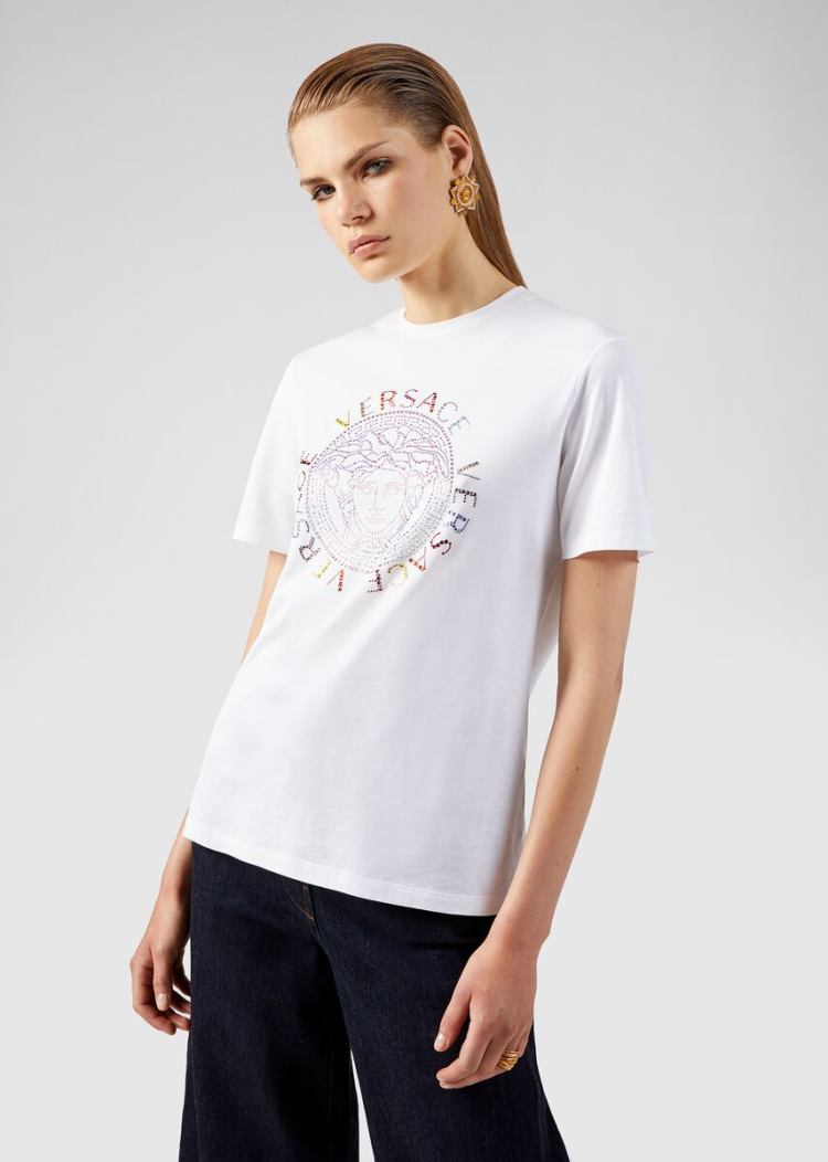 Versace Studded Medusa Logo T Shirt μπλουζακια γυναικεια ασπρα | TRKM0DZ