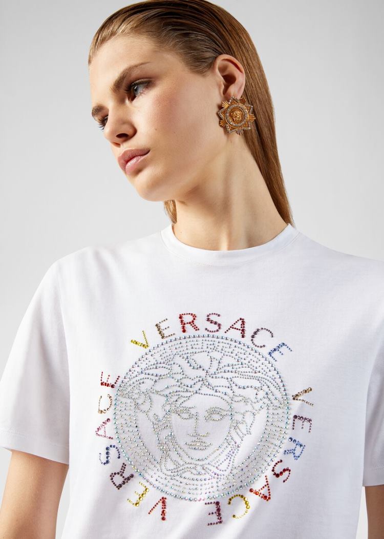 Versace Studded Medusa Logo T Shirt μπλουζακια γυναικεια ασπρα | TRKM0DZ