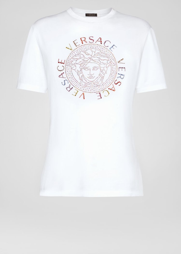 Versace Studded Medusa Logo T Shirt μπλουζακια γυναικεια ασπρα | TRKM0DZ
