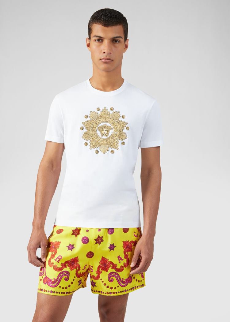 Versace Studded Medusa Western T Shirt μπλουζακια ανδρικα ασπρα χρυσο χρωμα | 99TJBD9