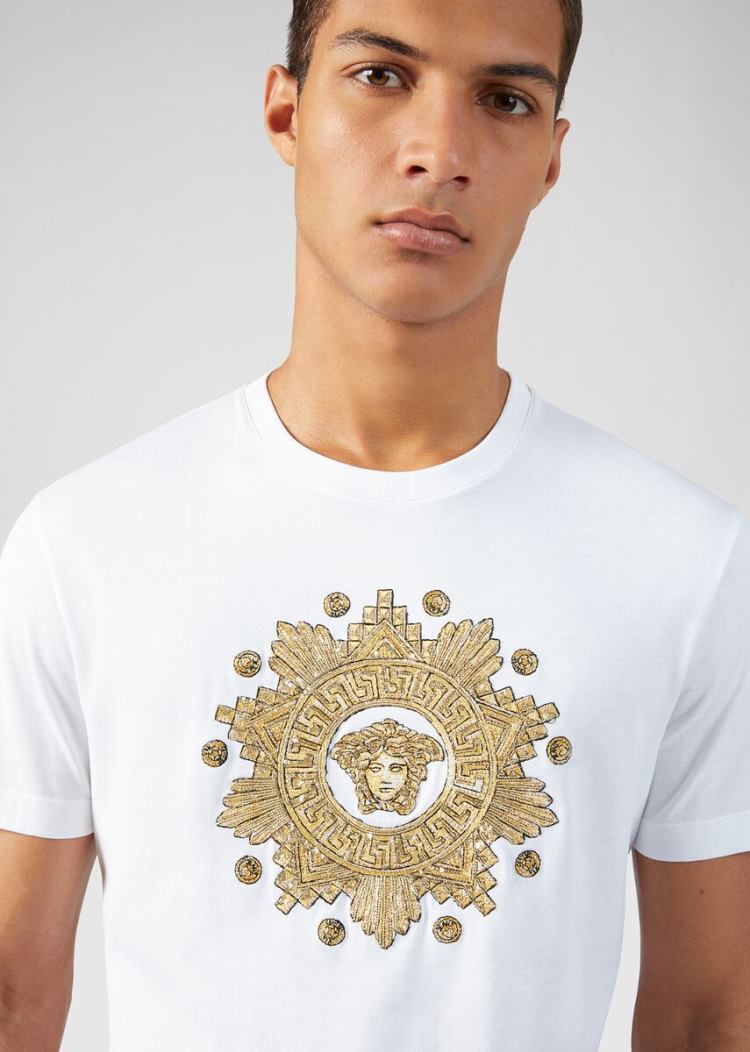 Versace Studded Medusa Western T Shirt μπλουζακια ανδρικα ασπρα χρυσο χρωμα | 99TJBD9