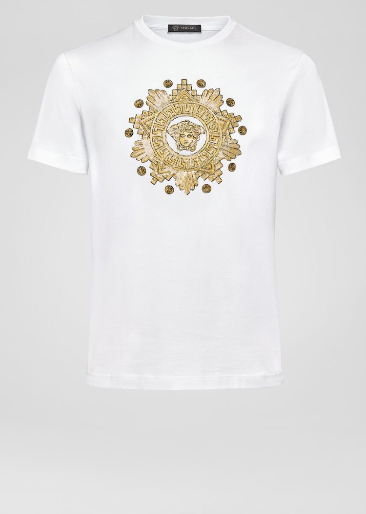 Versace Studded Medusa Western T Shirt μπλουζακια ανδρικα ασπρα χρυσο χρωμα | 99TJBD9