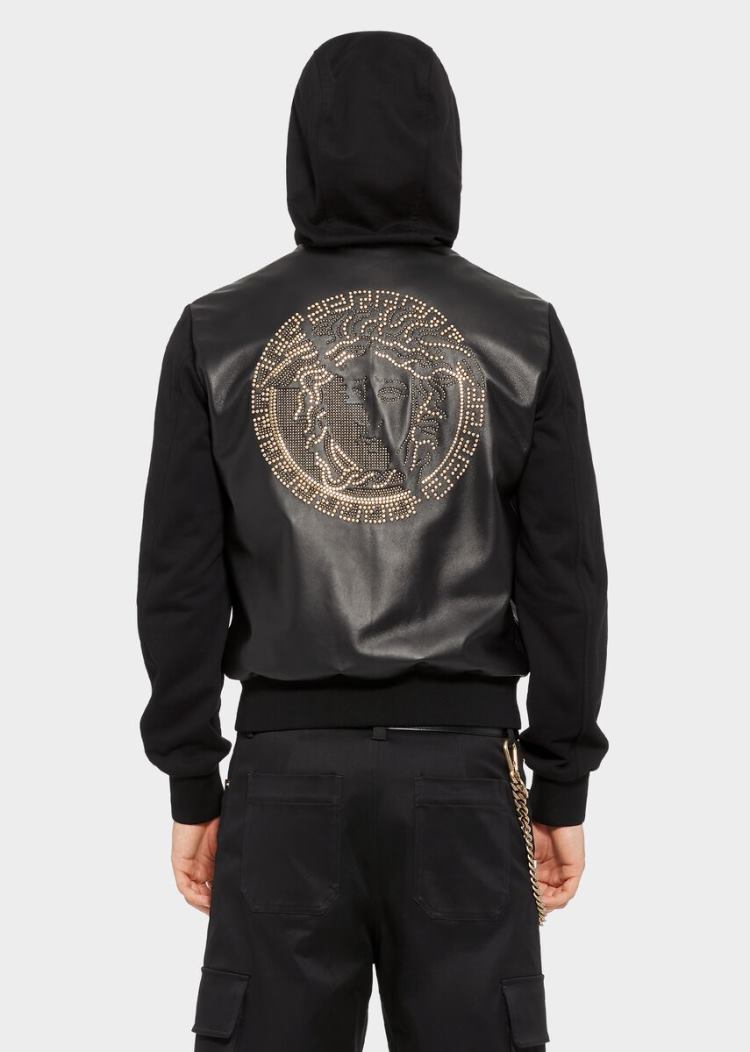 Versace Studded Medusa Κουκουλοφόρος δερματινα Jacket μπουφαν ανδρικα μαυρα | L3P0TP1