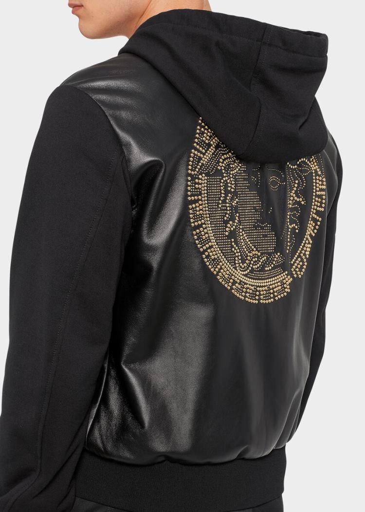 Versace Studded Medusa Κουκουλοφόρος δερματινα Jacket μπουφαν ανδρικα μαυρα | L3P0TP1