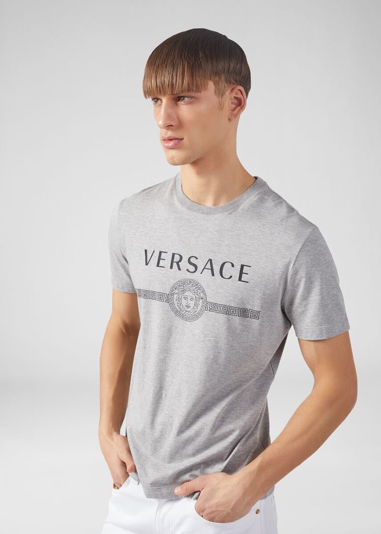 Versace Sustainable Logo Slim Fit T Shirt μπλουζακια ανδρικα γκρι | 1Z6C3OT