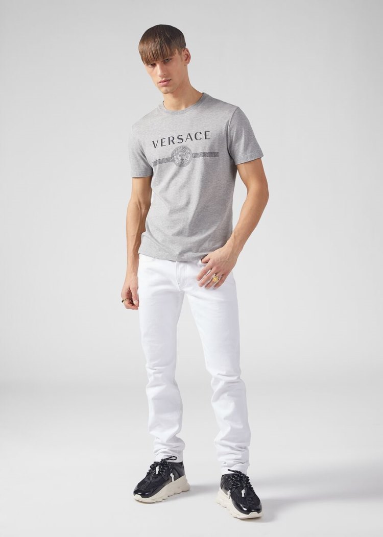 Versace Sustainable Logo Slim Fit T Shirt μπλουζακια ανδρικα γκρι | 1Z6C3OT