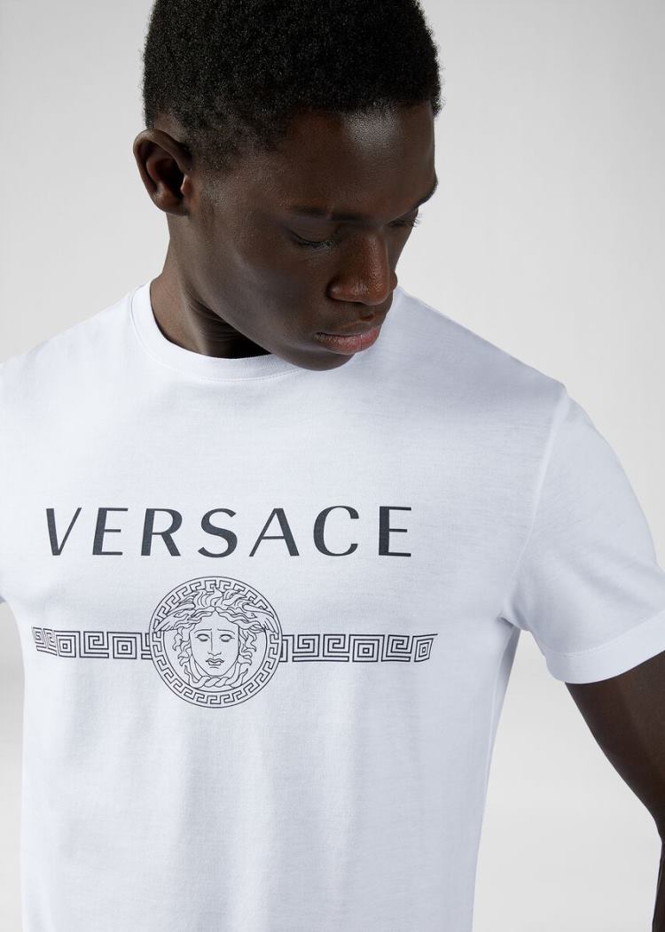 Versace Sustainable Logo Slim Fit T Shirt μπλουζακια ανδρικα ασπρα | 7BPMROZ