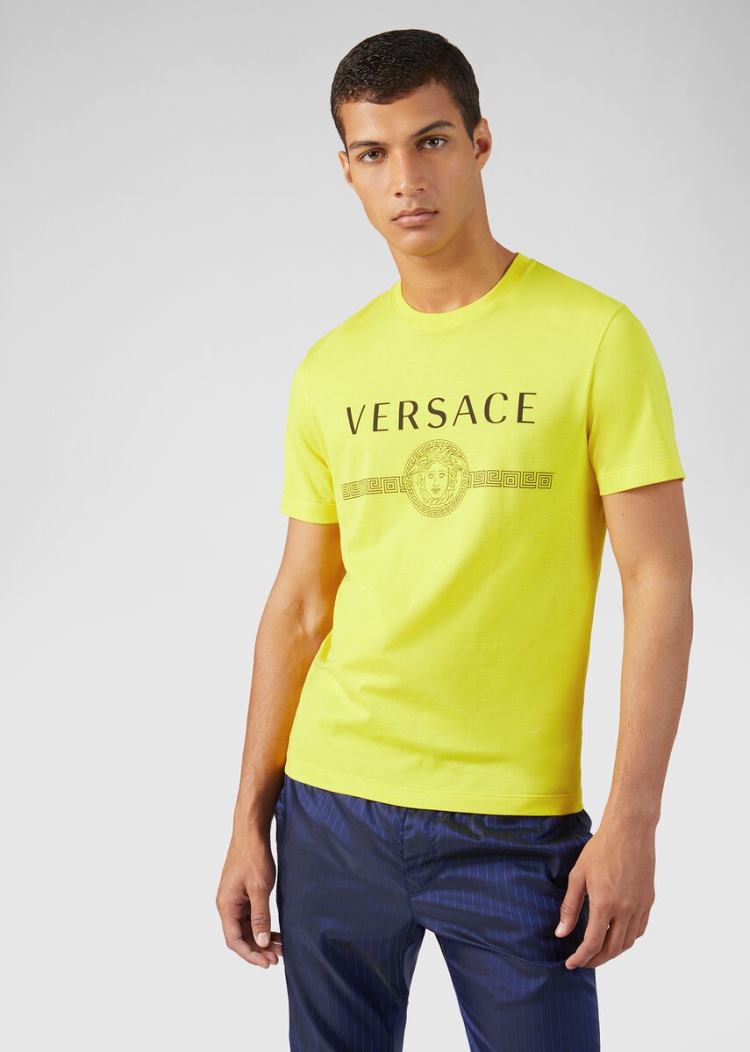 Versace Sustainable Logo Slim Fit T Shirt μπλουζακια ανδρικα κίτρινα | EVWDGPT