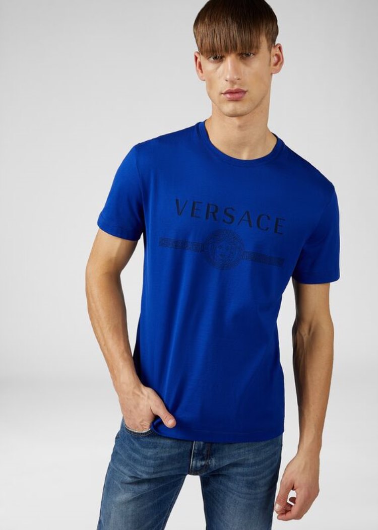 Versace Sustainable Logo Slim Fit T Shirt μπλουζακια ανδρικα μπλε ρουά μπλε | YVSLWW1
