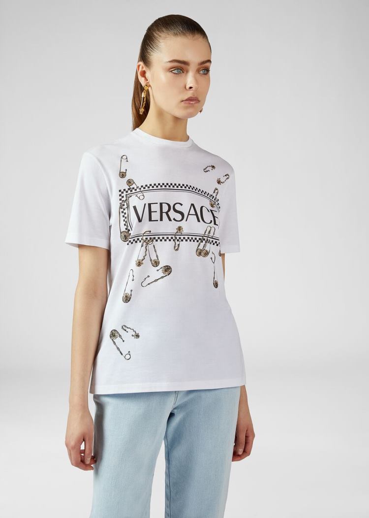 Versace Sustainable Ασφαλείας Pin Logo T Shirt μπλουζακια γυναικεια ασπρα | VWRPOZG
