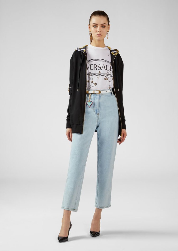Versace Sustainable Ασφαλείας Pin Logo T Shirt μπλουζακια γυναικεια ασπρα | VWRPOZG