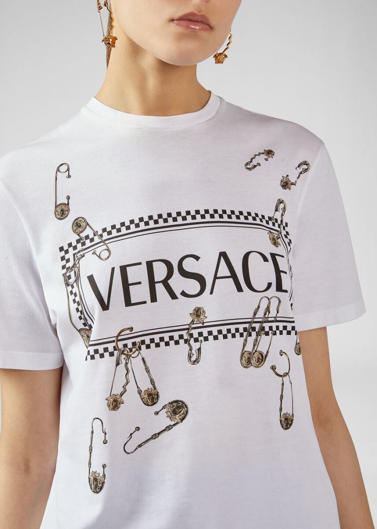 Versace Sustainable Ασφαλείας Pin Logo T Shirt μπλουζακια γυναικεια ασπρα | VWRPOZG