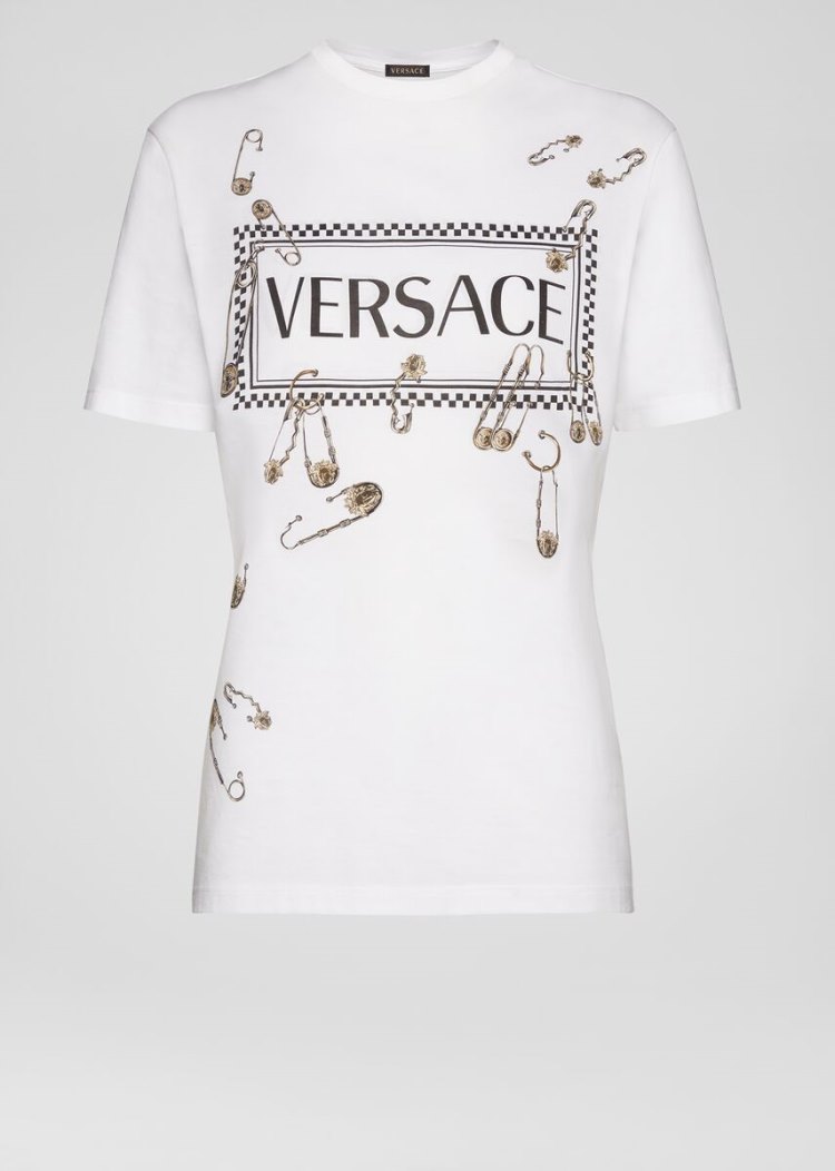 Versace Sustainable Ασφαλείας Pin Logo T Shirt μπλουζακια γυναικεια ασπρα | VWRPOZG