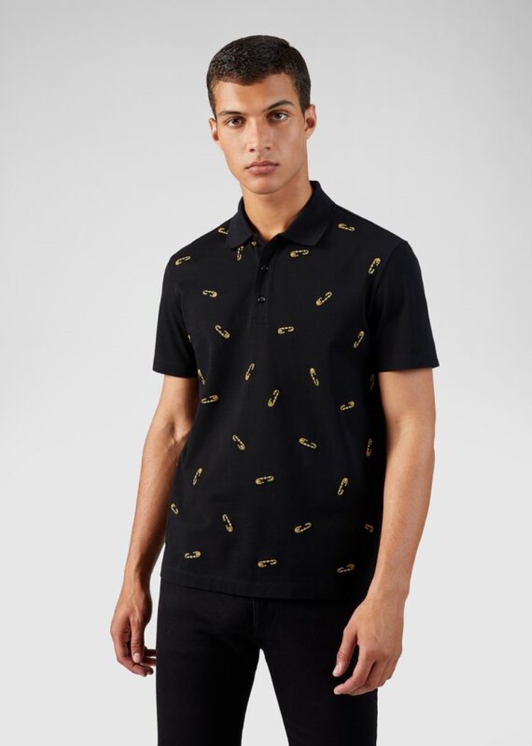 Versace Ασφαλείας Pin Embroidered Polo Shirt μπλουζακια πολο ανδρικα μαυρα | OYELT9Y