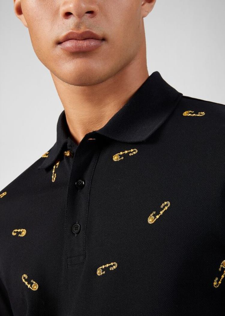 Versace Ασφαλείας Pin Embroidered Polo Shirt μπλουζακια πολο ανδρικα μαυρα | OYELT9Y