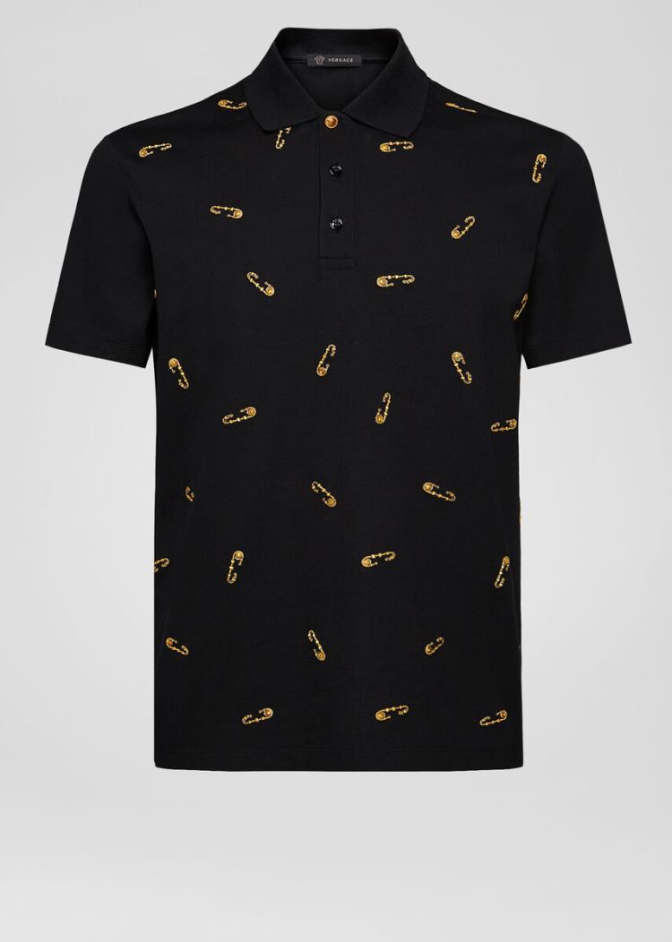 Versace Ασφαλείας Pin Embroidered Polo Shirt μπλουζακια πολο ανδρικα μαυρα | OYELT9Y